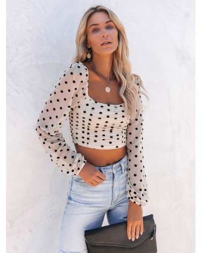 Sexy Top For Women Square Neck Long Sleeves Pleated Polka Dot Summer Tops