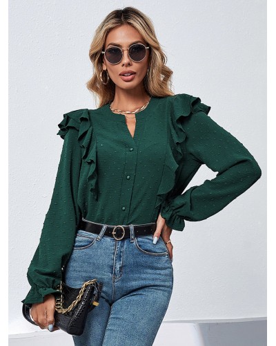 Women Blouse Dark Green Jewel Neck Long Sleeves Ruffles Tops Casual Daily Casual Office  Career