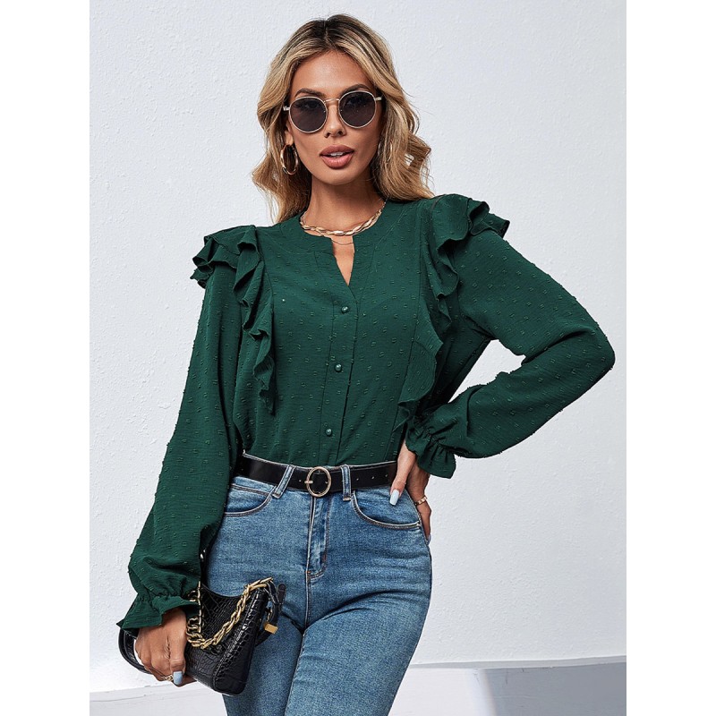 Women Blouse Dark Green Jewel Neck Long Sleeves Ruffles Tops Casual Daily Casual Office  Career