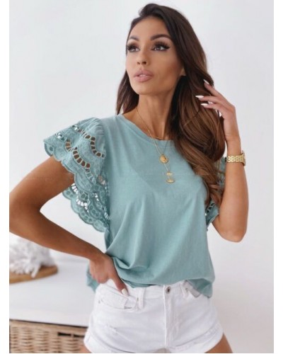 Short Sleeves Tees Light Green Cut Out Crewneck Women Tee Chic  Modern Casual Street Wear Daily Casual Office  Career