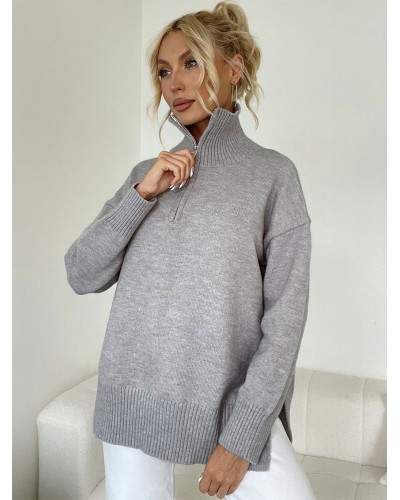 Women Pullover Zipper High Collar Long Sleeves Gray Sweaters Chic  Modern Casual Street Wear Daily Casual