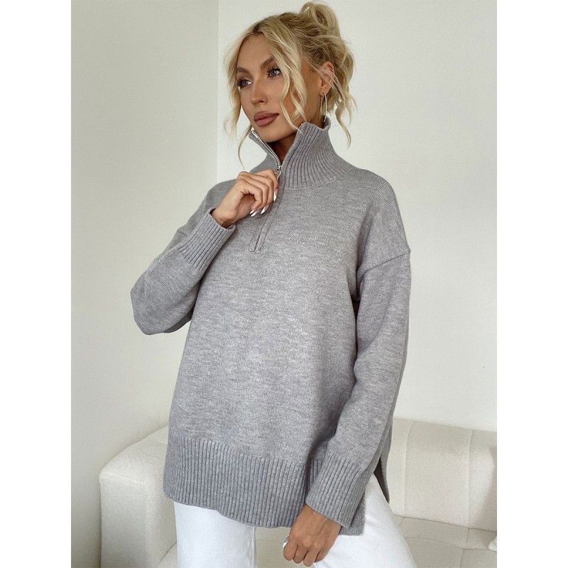 Women Pullover Zipper High Collar Long Sleeves Gray Sweaters Chic  Modern Casual Street Wear Daily Casual