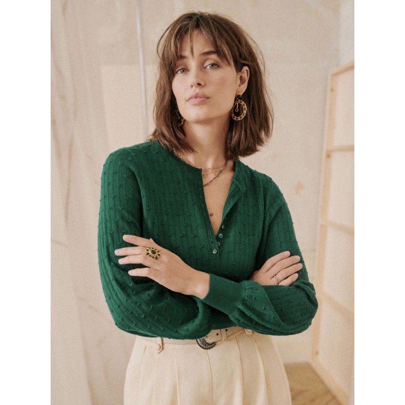 Women's Pullover Sweater Dark Green Buttons Jewel Neck Long Sleeves Wool Sweaters Casual Street Wear Indoor Field