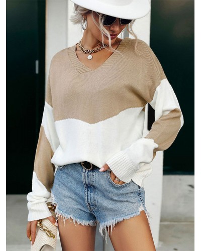 Women Pullover Sweater Khaki Stripes V-Neck Long Sleeves Sweaters Casual Fall Winter