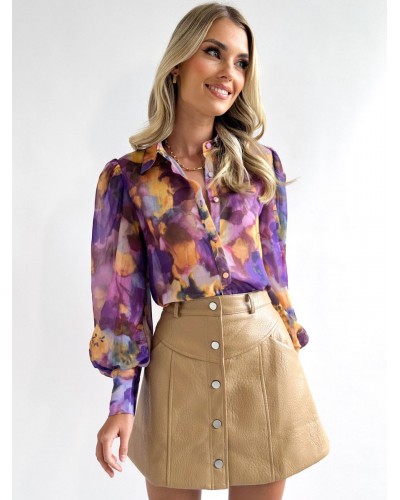 Women Floral Shirt Purple Turndown Collar Long Sleeves Tops Casual Street Wear Daily Casual