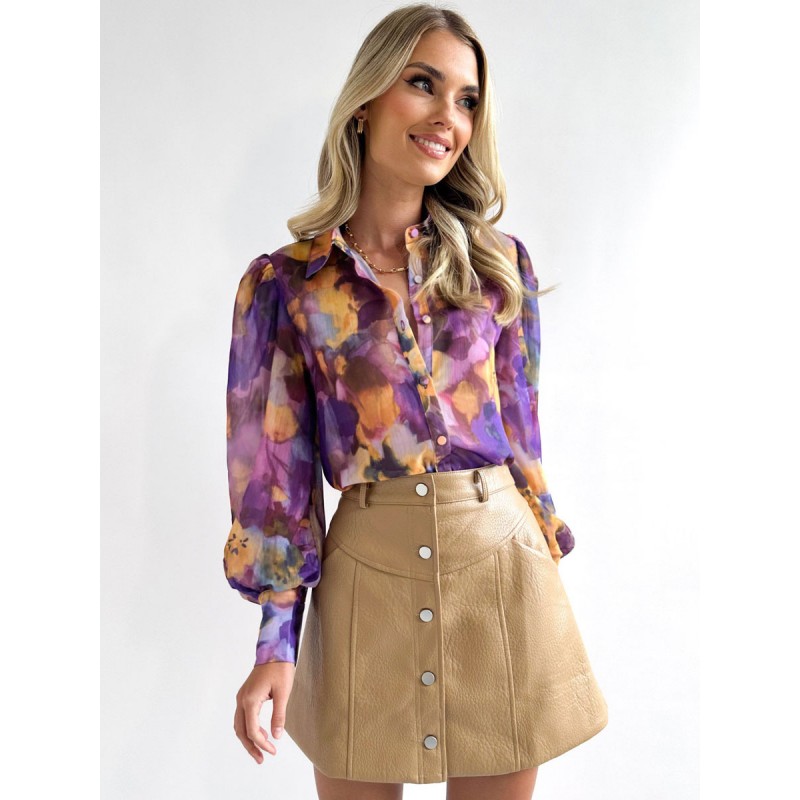 Women Floral Shirt Purple Turndown Collar Long Sleeves Tops Casual Street Wear Daily Casual