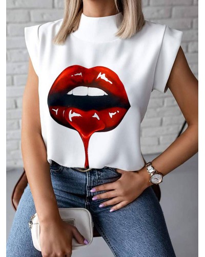 White Blouse For Women Jewel Neck Short Sleeves Print Pattern Chiffon Sumer T-Shirt Casual Street Wear