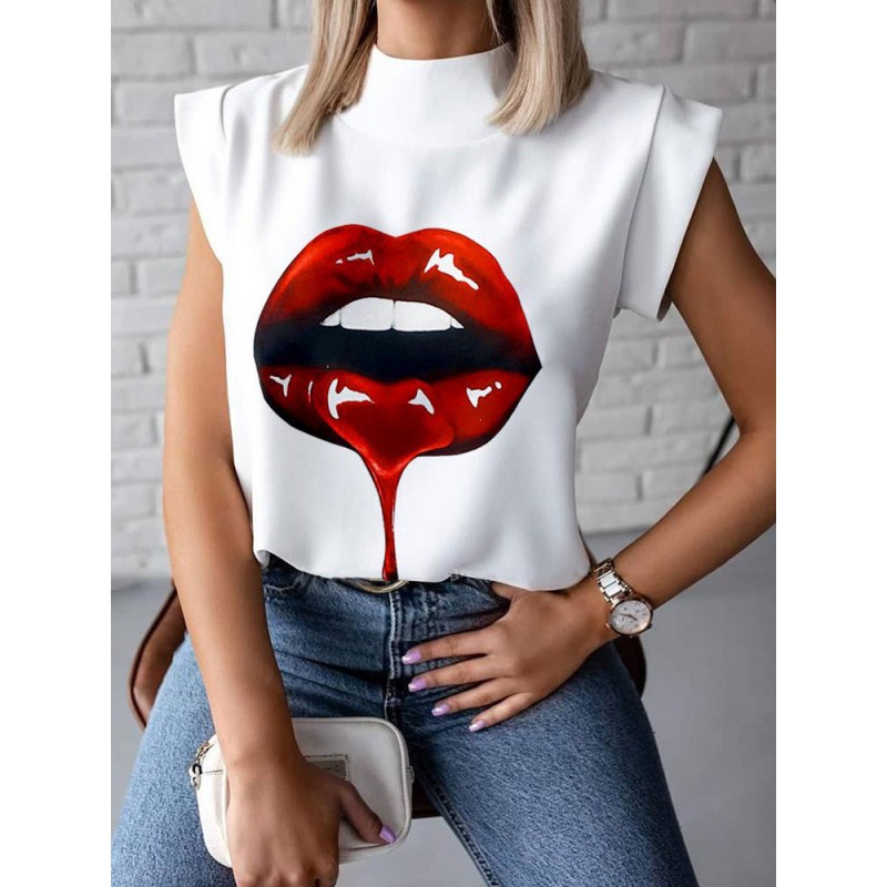 White Blouse For Women Jewel Neck Short Sleeves Print Pattern Chiffon Sumer T-Shirt Casual Street Wear