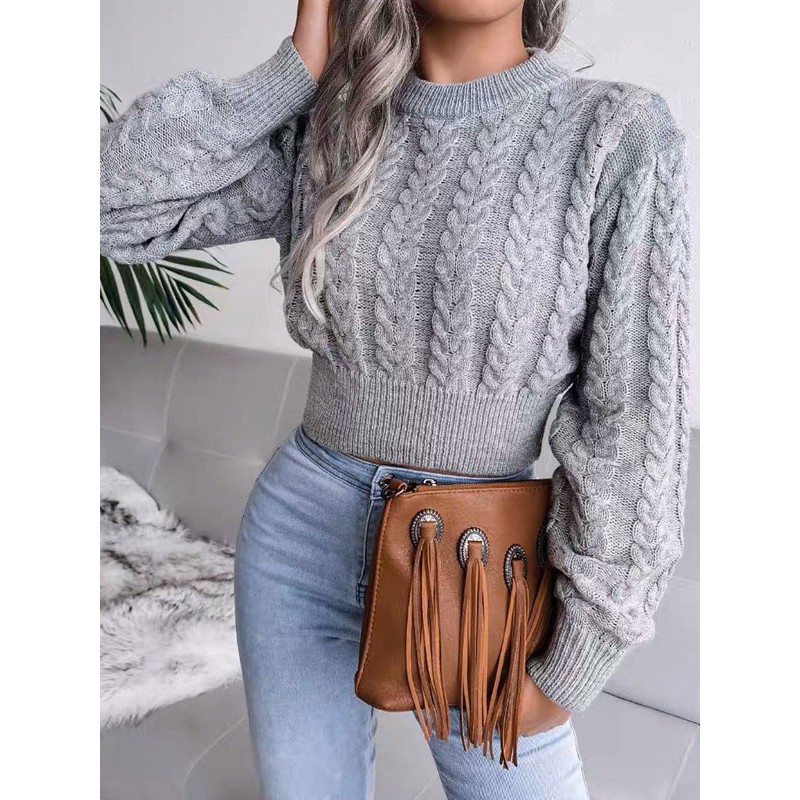 Women Pullover Sweater Baby Blue Jewel Neck Long Sleeves Cotton Sweaters Casual Fall Winter