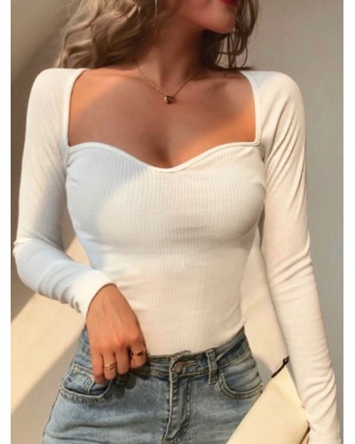 Women White Blouse Square Neck Long Sleeves T Shirt Casual Spring Summer Fall Winter