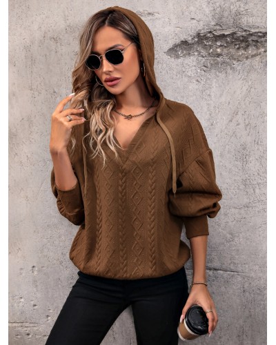 Women Hoodie Coffee Brown Long Sleeves Polyester Hooded Sweatshirt Casual Fall Winter