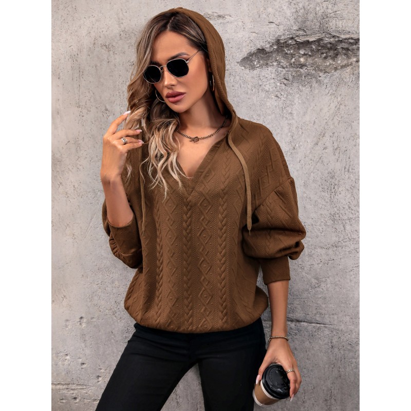 Women Hoodie Coffee Brown Long Sleeves Polyester Hooded Sweatshirt Casual Fall Winter