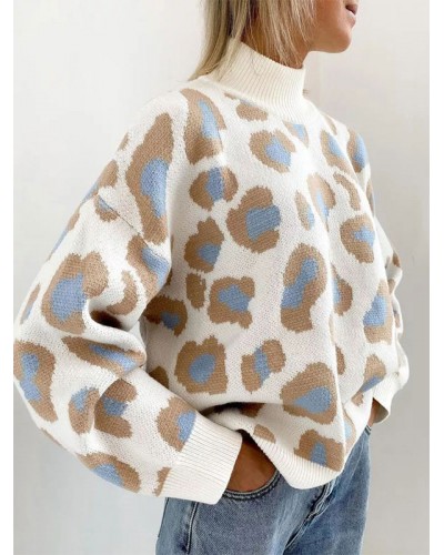 Women Pullovers Blue Leopard Print High Collar Long Sleeves Acrylic Sweaters Casual Spring Fall Winter