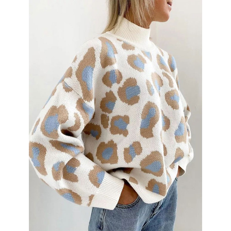 Women Pullovers Blue Leopard Print High Collar Long Sleeves Acrylic Sweaters Casual Spring Fall Winter