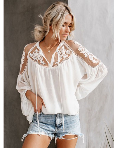 Women Blouse White Sheer Flowers Embroidered Long Sleeves Tops Sexy Bohemian Spring Summer Fall Winter