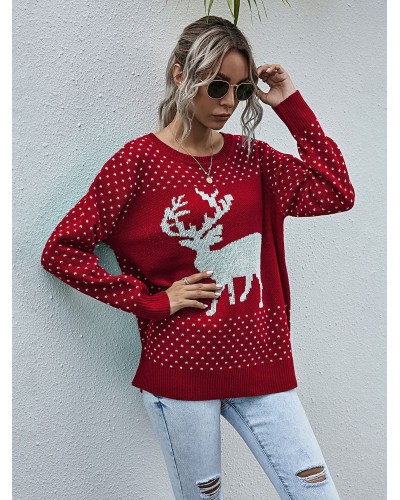 Pullover Sweater Elk 2023 Red Knit Tops For Women Christmas