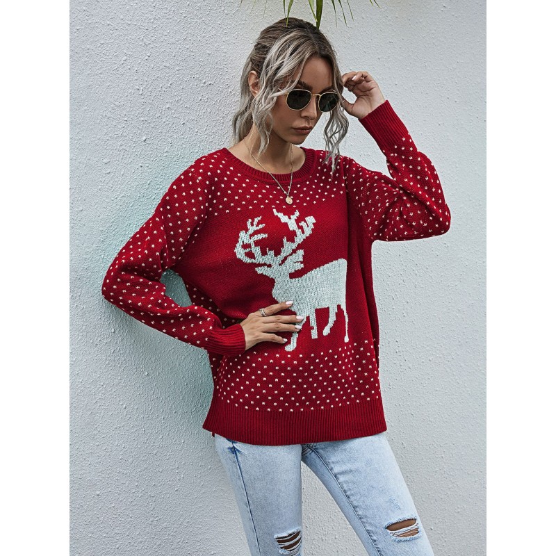 Pullover Sweater Elk 2023 Red Knit Tops For Women Christmas