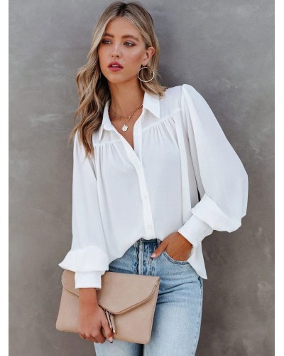 Women Blouse White V-Neck Long Sleeves Tops Casual Spring Fall