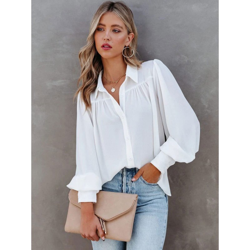 Women Blouse White V-Neck Long Sleeves Tops Casual Spring Fall