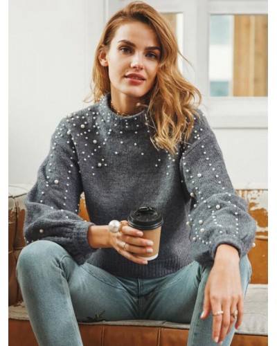 Pullovers For Women Gray Studded Jewel Neck Long Sleeves Acrylic Sweaters Chic  Modern Casual Street Wear Daily Casual