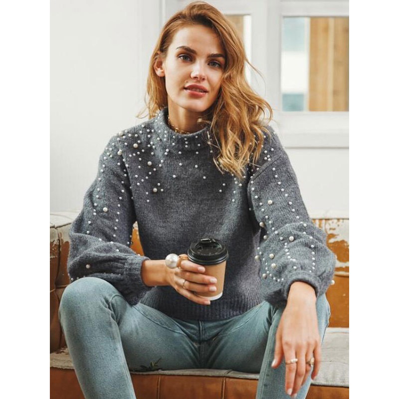 Pullovers For Women Gray Studded Jewel Neck Long Sleeves Acrylic Sweaters Chic  Modern Casual Street Wear Daily Casual