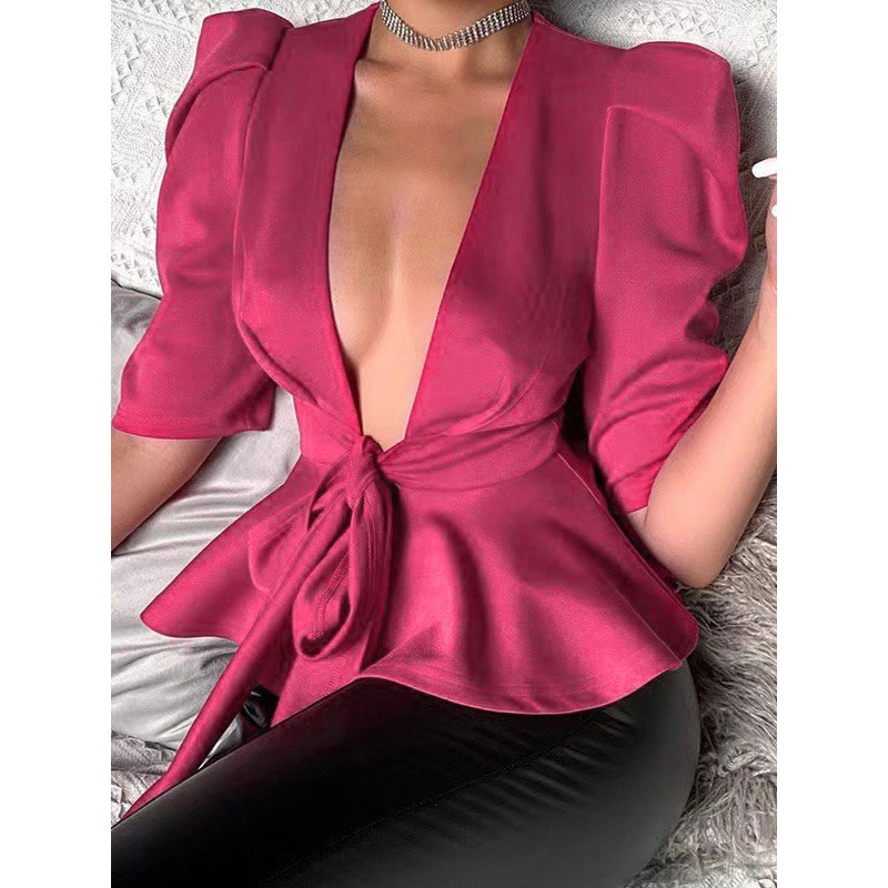 Blouse For Women Red V-Neck Half Sleeves Tops Sexy Casual Night Out Street Wear Dating