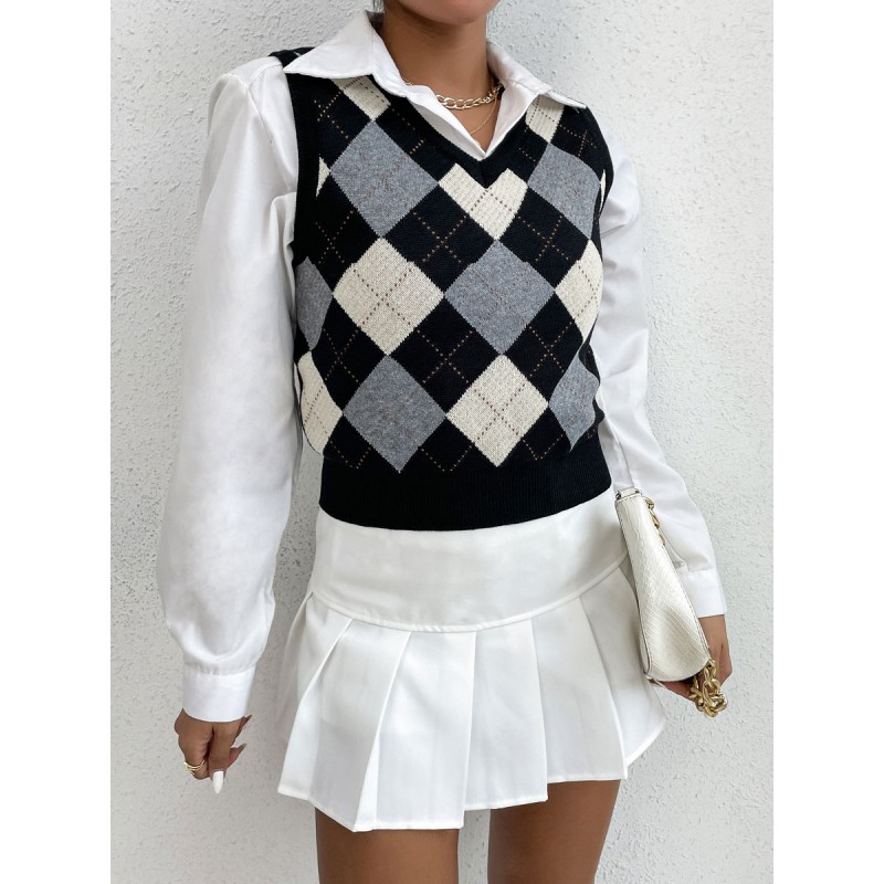 Women Pullover Sweater Black Piping Plaid V-Neck Sleeveless Stretch Sweaters Casual Fall Winter