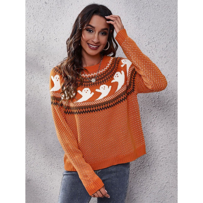 Women Pullover Sweater Orange Jewel Neck Long Sleeves Acrylic Sweaters Casual Street Wear Dating