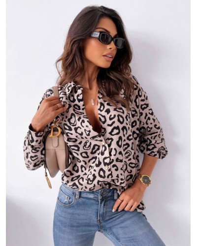 Blouse For Women Gray Turndown Collar Leopard Print Long Sleeves Tops Casual