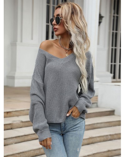 Women Pullovers Light Gray V Neck Long Sleeves Stretch Sweaters Casual Spring Fall