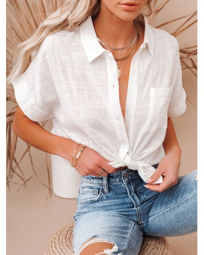 Women Shirt Black Turndown Collar Buttons Short Sleeves Tops Casual Summer