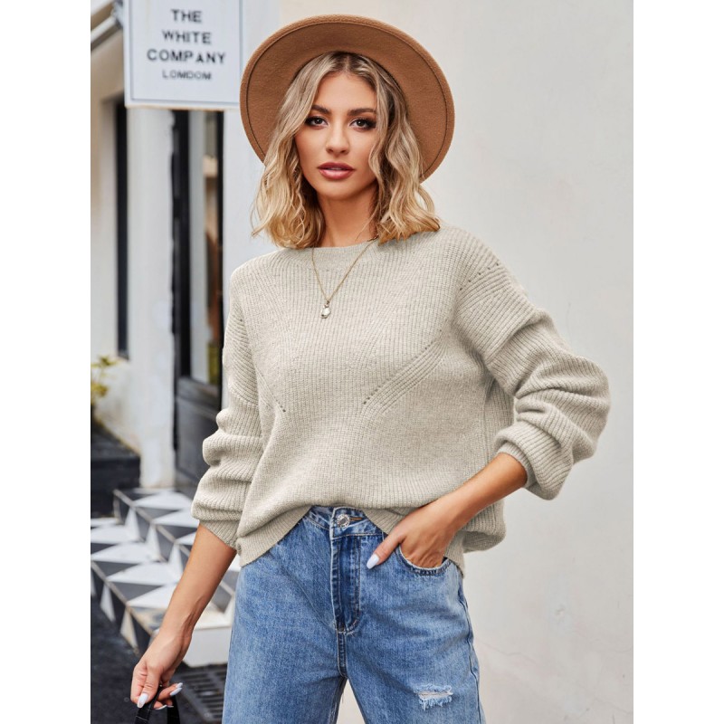 Women Pullover Sweater Light Brown Cut Out Jewel Neck Long Sleeves Acrylic Sweaters Casual Street Wear Daily Casual