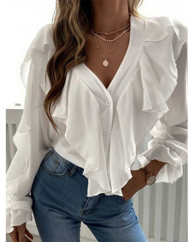 Blouse For Women White Buttons Ruffles V-Neck Long Sleeves Tops Casual Street Wear Daily Casual