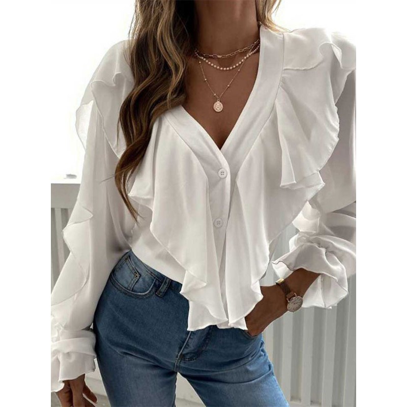 Blouse For Women White Buttons Ruffles V-Neck Long Sleeves Tops Casual Street Wear Daily Casual