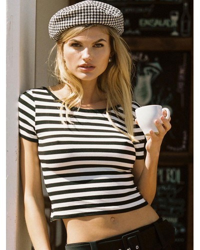 Women Crop Top Red Stripes Backless Jewel Neck Short Sleeves Tops Chic  Modern Casual Street Wear Daily Casual