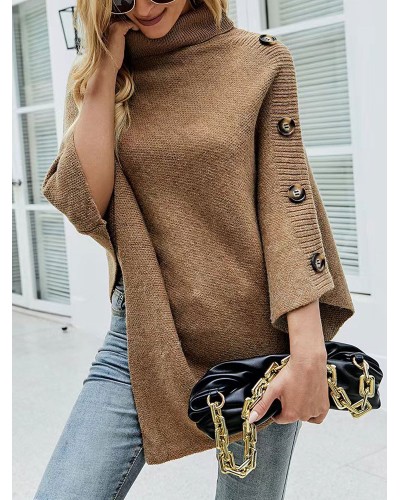 Pullover Sweater Poncho Khaki Buttons High Collar 3/4 Length Sleeves Asymmetrical Spring Fall Cape For Women Casual Street Wear