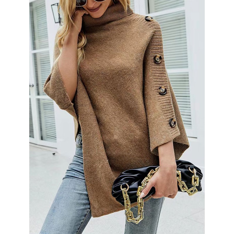 Pullover Sweater Poncho Khaki Buttons High Collar 3/4 Length Sleeves Asymmetrical Spring Fall Cape For Women Casual Street Wear