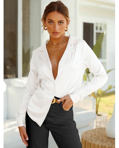 Women Blouse Turndown Collar Buttons Long Sleeves Chic Tops Chic  Modern Casual Street Wear Daily Casual