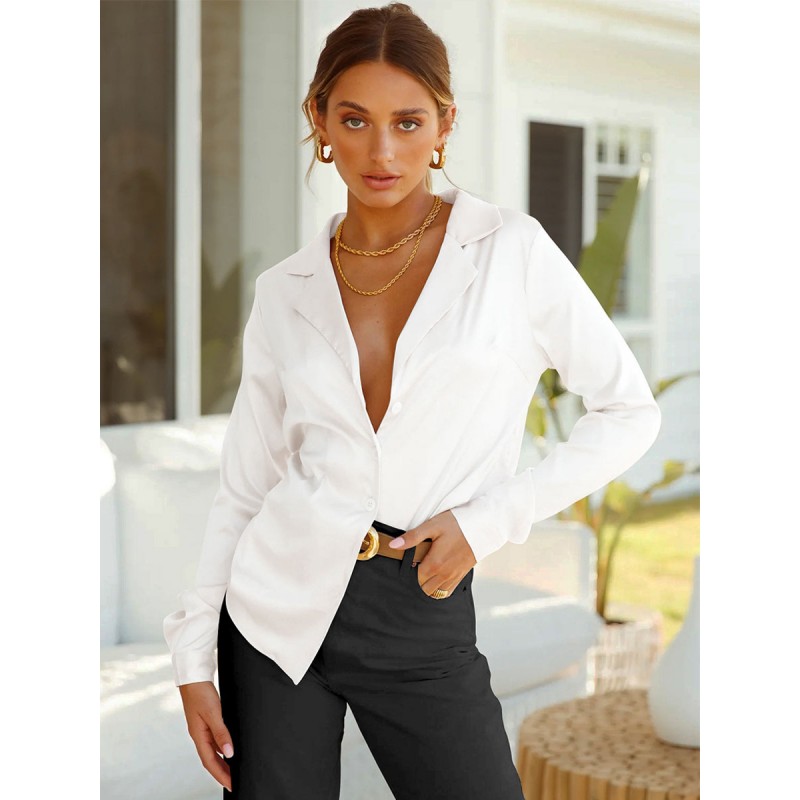 Women Blouse Turndown Collar Buttons Long Sleeves Chic Tops Chic  Modern Casual Street Wear Daily Casual