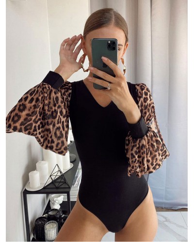 Women Black Leopard Print Jumpsuits V-Neck Long Sleeves Summer Playsuit Romper Spring Fall