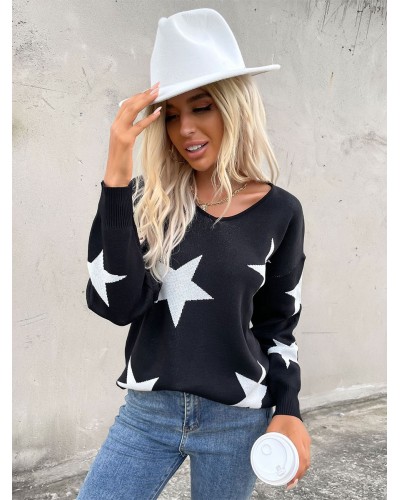 Women Pullovers Black Stars Printed Jewel Neck Long Sleeves Stretch Sweaters Casual Spring Fall