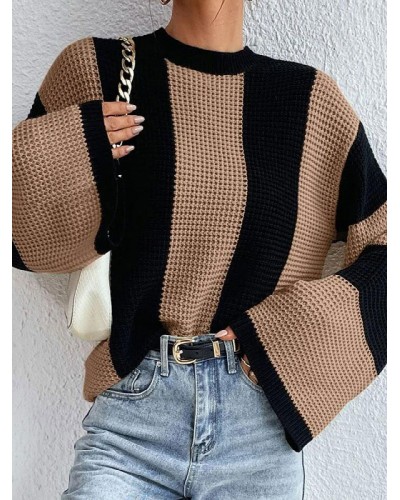 Women Pullover Sweater Khaki Two-Tone Jewel Neck Oversized Sweaters Casual Street Wear Indoor Field