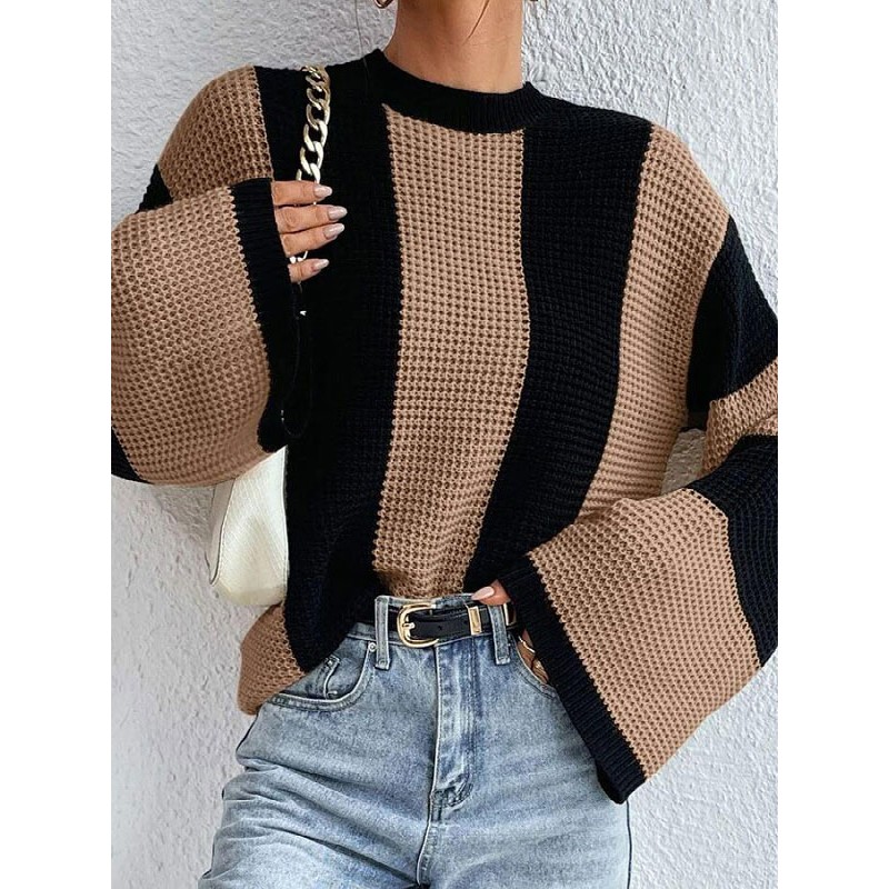 Women Pullover Sweater Khaki Two-Tone Jewel Neck Oversized Sweaters Casual Street Wear Indoor Field