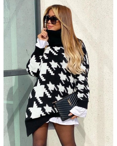 Women Pullover Sweater Black Geometric High Collar Long Sleeves Sweaters Casual Fall Winter