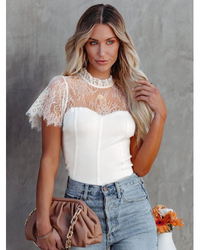 Women Blouse White Lace Jewel Neck Layered Lace Short Sleeves Tops Sexy Summer