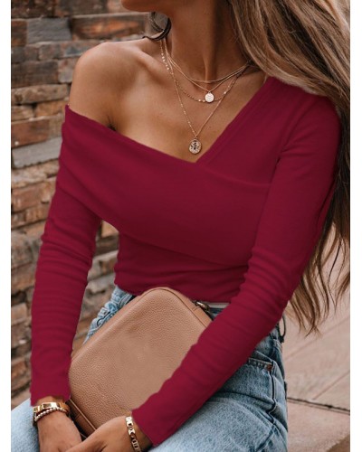 Women Burgundy Shirt Long Sleeves Nylon Open Shoulder One-Shoulder Shirt Sexy Tops Casual