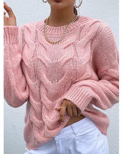 Women Pullover Sweater Pink Crochet Jewel Neck Long Sleeves Stretch Sweaters Casual Street Wear Indoor Field