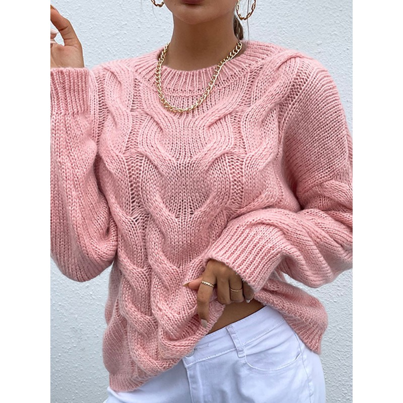 Women Pullover Sweater Pink Crochet Jewel Neck Long Sleeves Stretch Sweaters Casual Street Wear Indoor Field