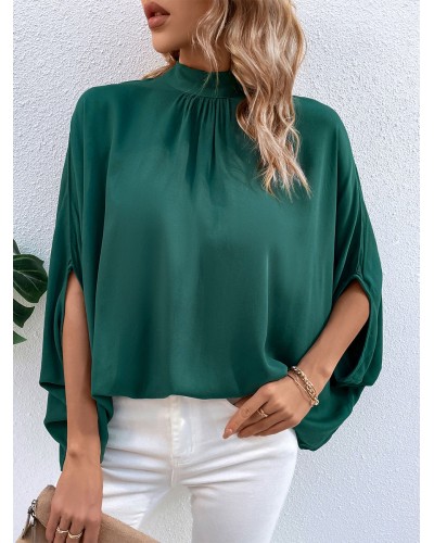 Women Blouse Dark Green High Collar Half Sleeves Tops Casual Spring Summer Fall