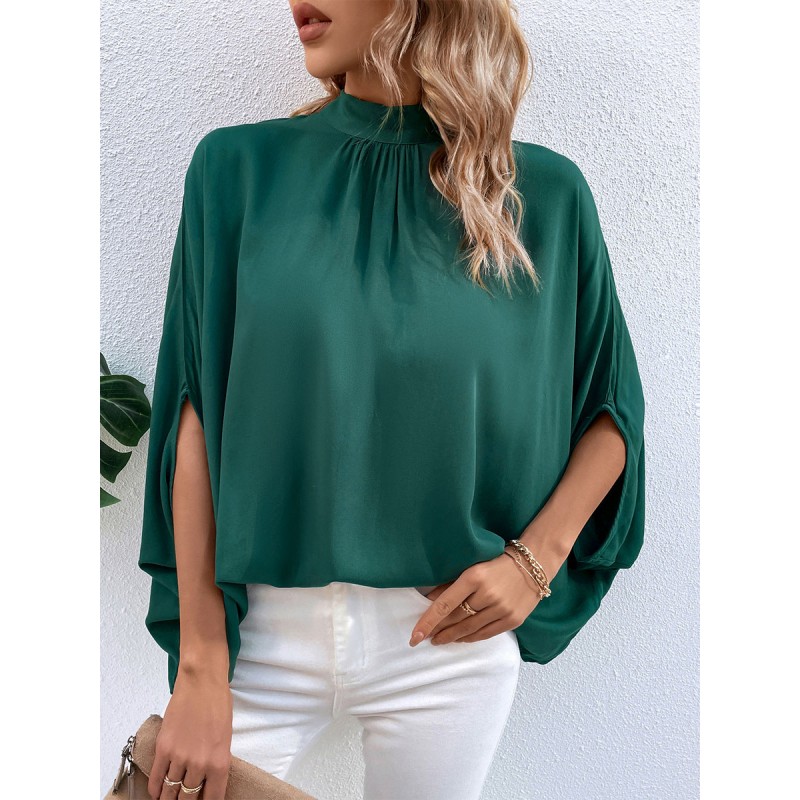 Women Blouse Dark Green High Collar Half Sleeves Tops Casual Spring Summer Fall